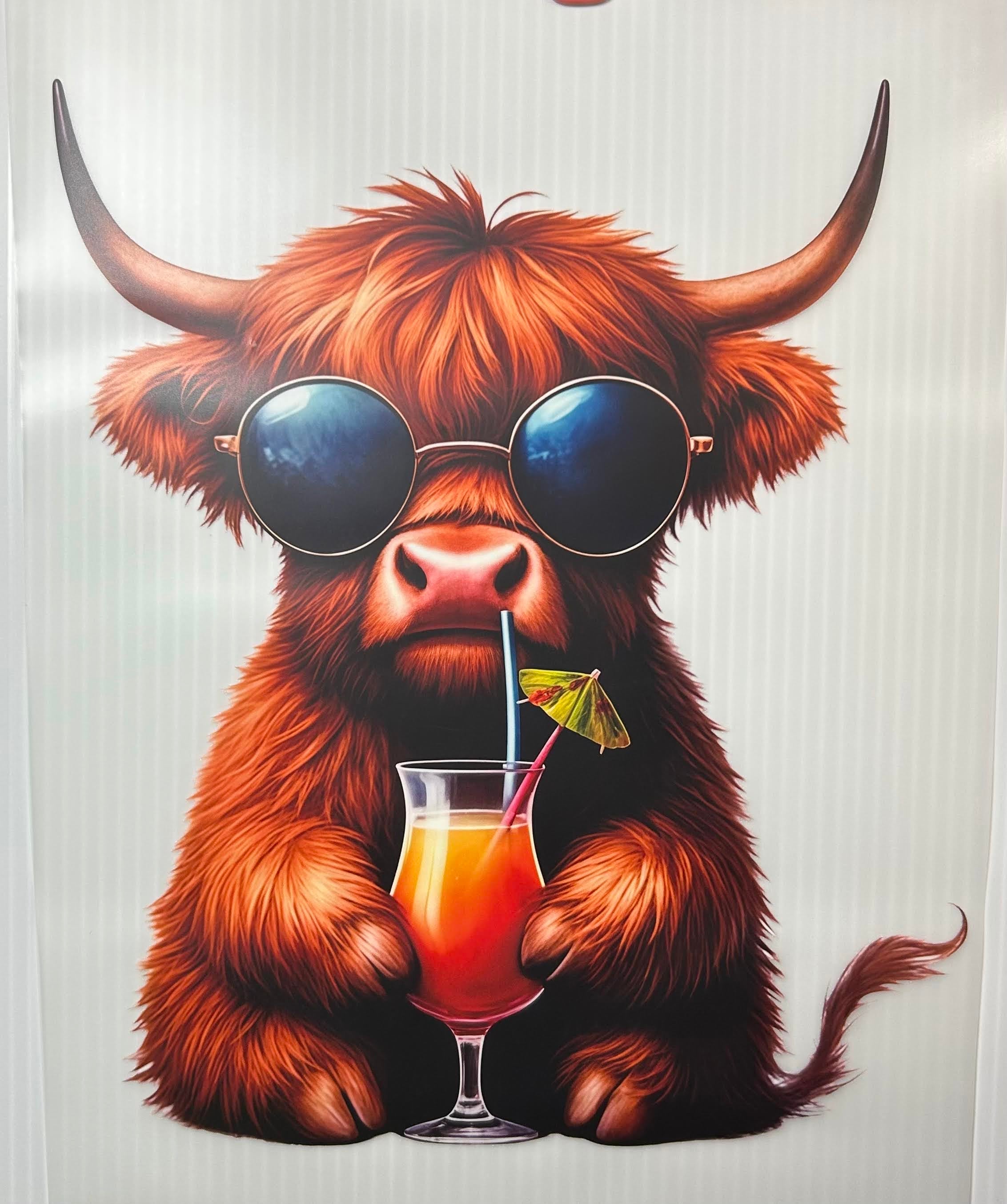 Cow sipping tropical drink